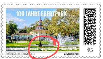 Kennzeichnung Jubiläumsbriefmarke zum 100 Jahre Jubiläum Ebertpark und zum 120-jährigen Bestehen des Briefmarken- und Münzclubs (bestellbar)- Nachauflage